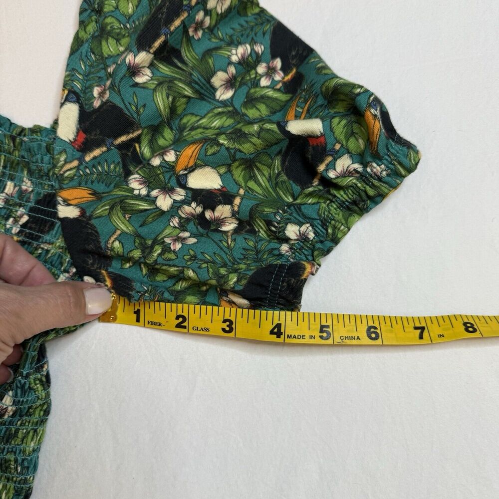Dolan Left Coast Green Smocked Top Sm Puff Sleeve Tropical Toucan Anthropologie - Picture 7 of 11